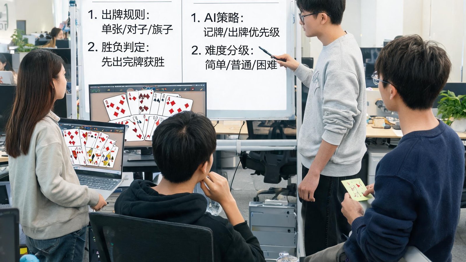 一群游戏开发者在办公室里讨论跑得快单机版的游戏逻辑与AI设计