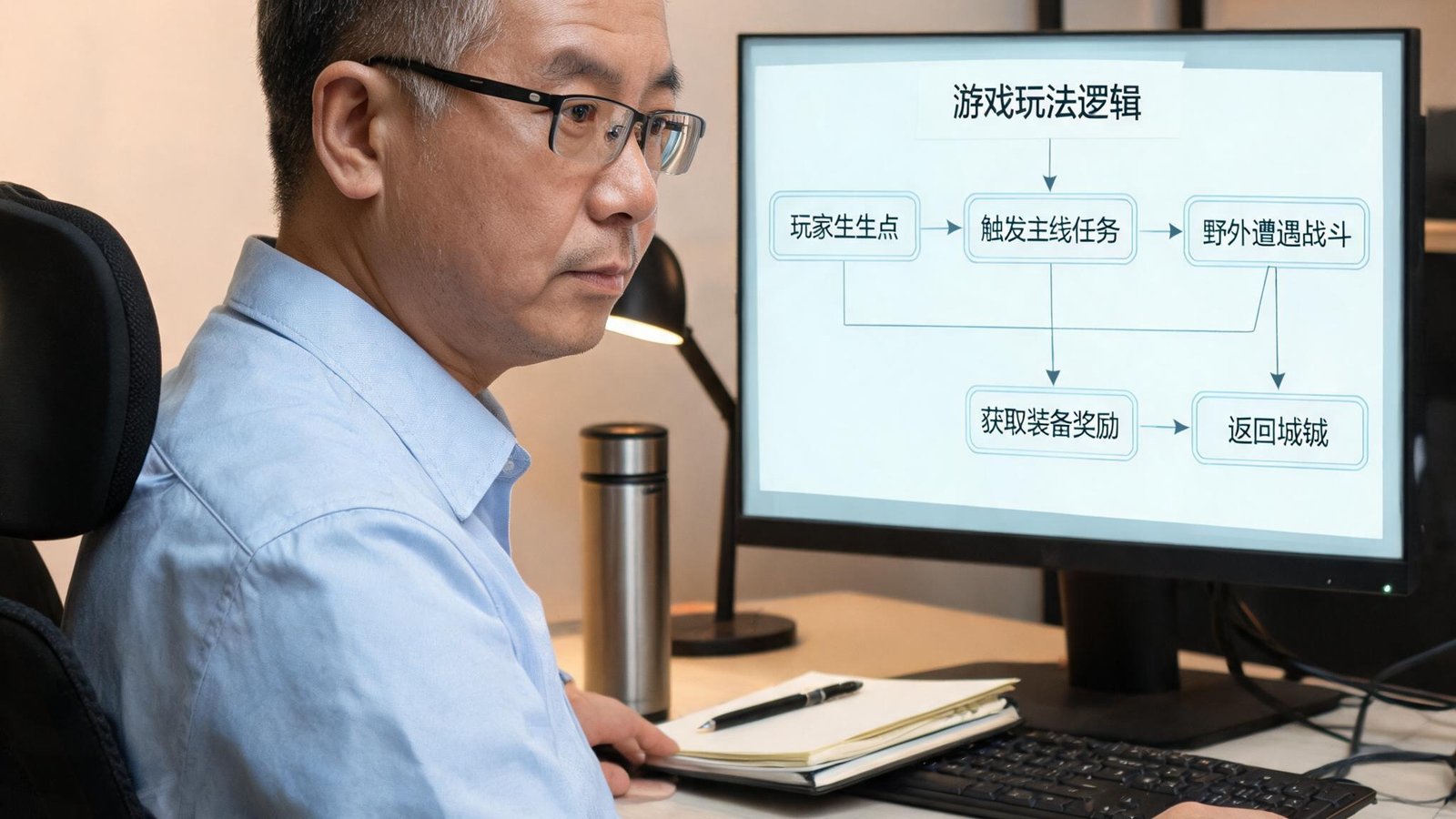 中年男性创始人老张，戴着眼镜，在电脑前专注设计游戏玩法逻辑