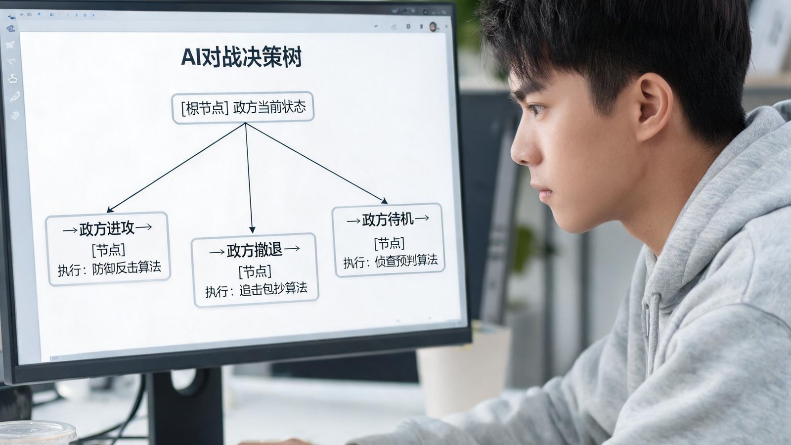 年轻男性技术总监小李，正在调试AI对战算法，屏幕上显示决策树